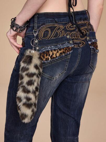 ROMWE Grunge Punk 1pc Y2K Fashionable Retro Chic High-End Brown Faux Fur Leopard Print Animal Tail Keychain & Keyring Bag Charm, Suitable For Women/Girls Daily Wear, Holiday Gift