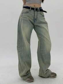 DAZY Quần Jeans Ống Thẳng Rộng, Co Giãn, Đã Giặt Cho Nữ, Quần Jeans Rộng, Quần Jeans Rộng Cho Mọi Mùa - Rửa nhẹ - Xem 6