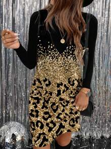 SHEIN LUNE Women Casual Simple Style Mini Dress With Glitter Leopard Print, Suitable For Autumn/Winter