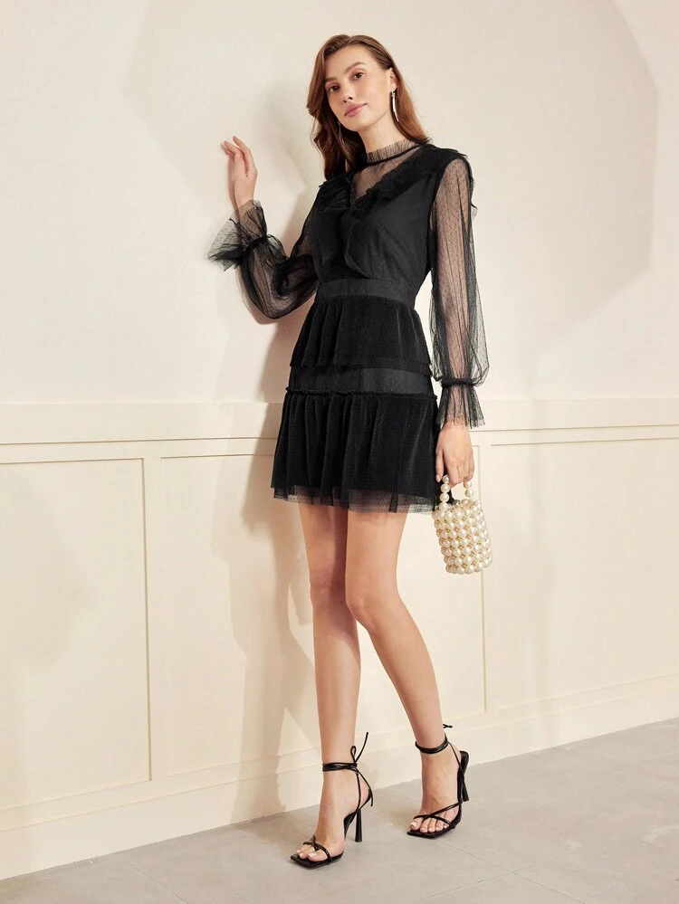 CONTRAST MESH RUFFLE TRIM DRESS,VALENTINE'S DAY OUTFIT,SPRING/SUMMER