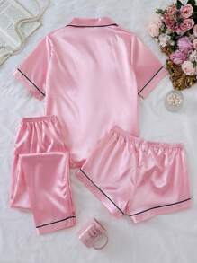 3 件套女童套装 - 淡粉色休闲斜纹长裤、短裤和短袖领口上衣、家居服 - 彩色 - 查看 2