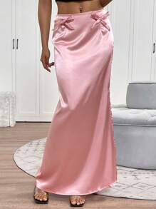 Chiquease 优雅浪漫美人鱼裙，纯色，松紧腰带，侧开衩，蝴蝶结装饰，超长中长裙 - 粉色 - 查看 6