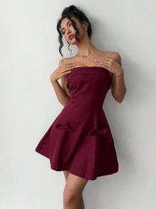 Aloruh 早春情人节/农历新年服装可爱通勤红色露肩迷你A字裙配蝴蝶结装饰，情人节约会连衣裙，适合毕业典礼、派对 - 酒紅色 - 查看 3