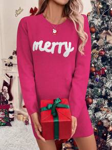 SHEIN LUNE Gaun Sweater Rajut Warna Polos untuk Wanita, Sederhana & Modis untuk Pakaian Kasual Sehari-hari - Merah - View 4
