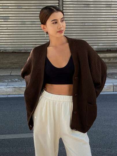 DAZY 女士宽松V领长款开衫、长袖上衣、秋季女装