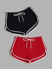SHEIN EZwear 大码夏季情人节撞色饰边前系带休闲针织运动短裤 - 紅色 - 查看 3