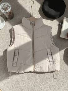 Comfortcana Plus Size Casual Stand Collar Padded Vest, Tan Color, Autumn/Winter Fall