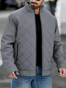 Manfinity Homme 大码男士纯色拉链夹克，休闲时尚，适合日常穿着，冬季 - 灰色 - 查看 7