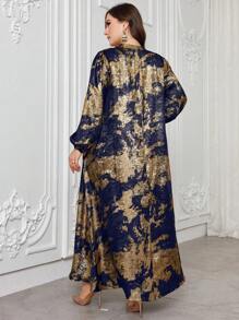 Al Najma 大码烫印长袖连衣裙，休闲朴素长裙，适合晚会/婚礼嘉宾/周年纪念 - 藍色 - 查看 2