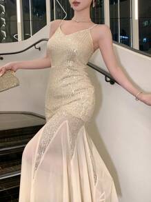 DAZY Elegante vestido midi de sirena con tirantes de espagueti de malla con lentejuelas y contraste para mujer, vestido de fiesta, vestido de sol, vestido de graduación, vestido de lujo para Año Nuevo, vestido brillante de carnaval - Rosa - Ver 6
