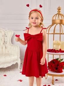 SHEIN Vestido rojo de niña elegante con tirantes tipo espagueti y tejido - Rojo - Ver 6