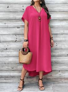 EMERY ROSE Vestido casual de manga corta con escote en V, manga de murciélago y bajo asimétrico para mujer talla grande