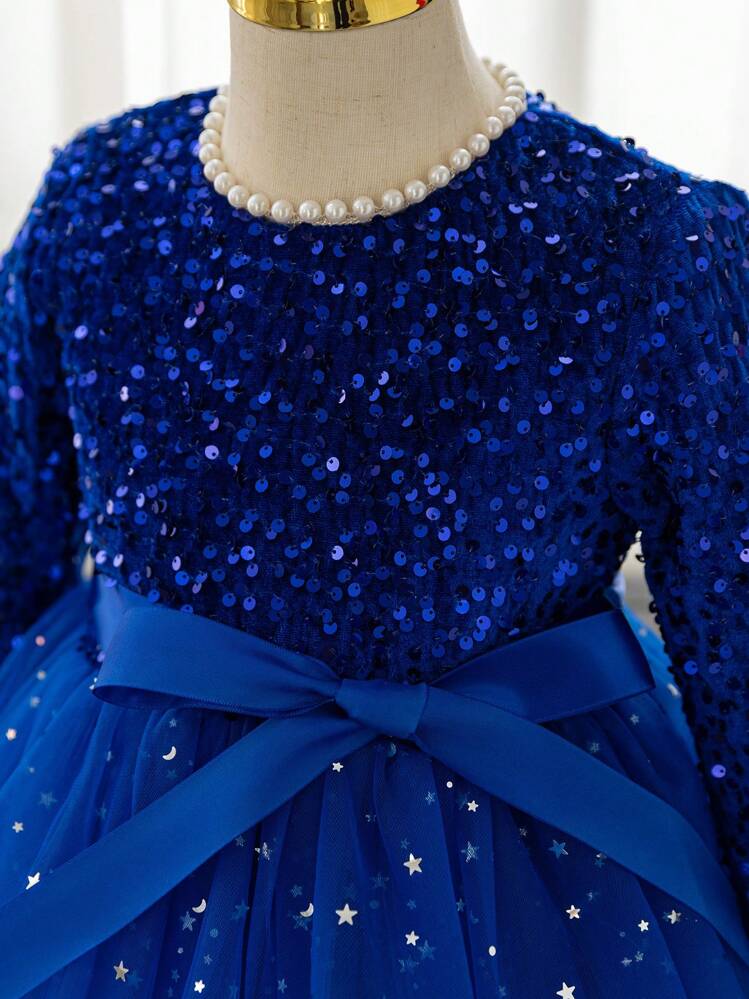 Glamorique Kids Christmas Young Girl/Young Girl Partywear Sequin Mesh Pearl Princess Dress, Velvet Mesh Bow Design - Blue - View 4