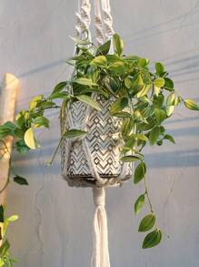 4 件/套白色编织植物挂架 - 4 种长度，极简主义珠子和流苏装饰，手工绳悬挂花盆篮架，适用于波西米亚风格的家居和花园装饰，带挂钩和木珠的户外花盆挂架，用于室内植物的 Macrame 壁挂套件 - 米色 - 查看 6