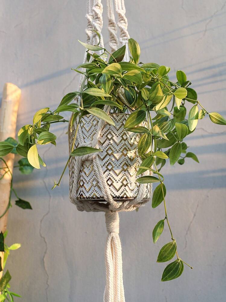 Set de 4 colgadores de plantas tejidos en blanco - 4 longitudes, decoración minimalista con cuentas y flecos, soporte colgante hecho a mano para macetas, decoración de hogar y jardín bohemio, colgador de macetas para exterior con ganchos y cuentas de madera, kit de macramé para plantas de interior - Beis - Añade 6