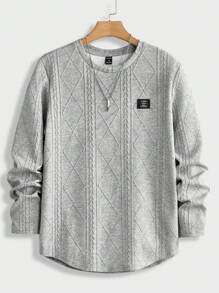 SHEIN Teen Boys' Casual Loose Fit Comfortable All-Match Style Woven Label Decoration Long Sleeve Crew Neck Top