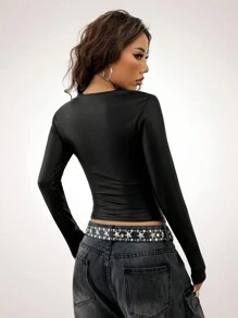 Coolane Women's Fall PU Leather Stretchy Comfy Black Slim Fit Round Neck Long Sleeve Tops