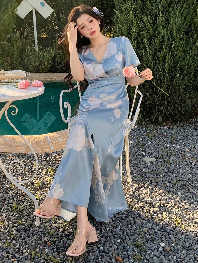Women's Floral Print Overlap V-Neck Ruffle Short Sleeve Elegant Mid-Length Dress For Vacation SunDress