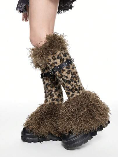Goth 1 par de calentadores de piernas con remaches de estampado de leopardo punk, calentadores de piernas peludos con diseño Y2K, cubiertas de piernas versátiles de moda