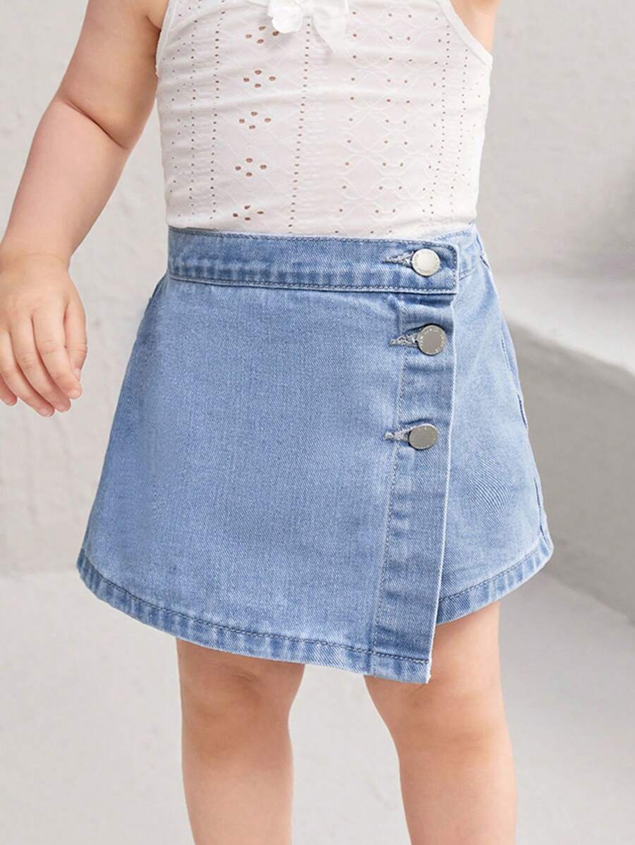 SHEIN Nova Glow Baby Girl Casual Distressed Denim Skort - Light Wash - View 1