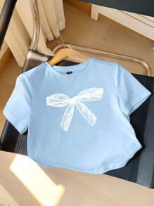Comfortcana 夏季蝴蝶结印花短袖 T 恤 - 淺藍色 - 查看 3