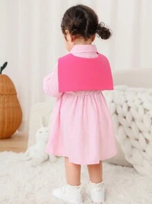 SHEIN 2 件套女婴幼儿百搭纯色休闲时尚衬衫裙，带可拆卸披肩，适合外出，玫红色连衣裙套装 - 玫紅色 - 查看 2