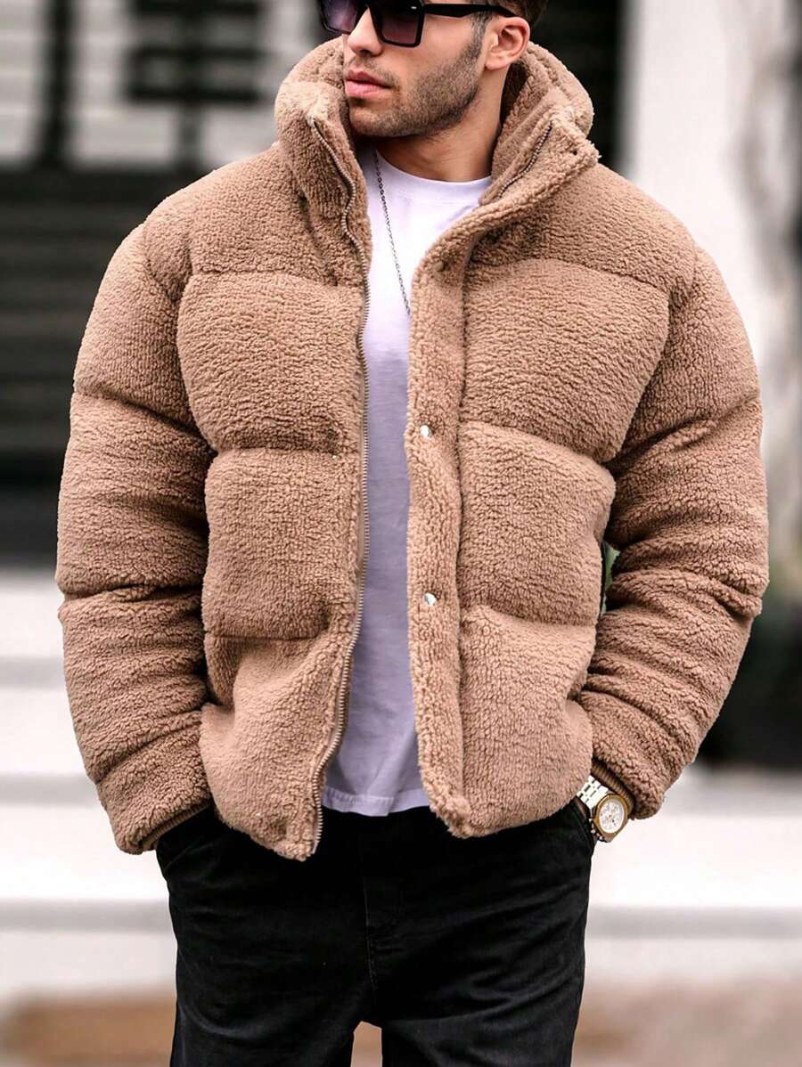 Manfinity Homme 宽松男士按扣前泰迪熊棉服外套，冬季外出外套，送给朋友、丈夫、男朋友的礼物，男士棕色泰迪熊夹克，男士冬季夹克，男士羽绒夹克 - 卡其色 - 查看 1