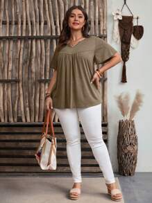 EMERY ROSE Plus Size Solid Color V-Neck Short Sleeve Ruched Casual T-Shirt - Brown - View 3
