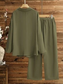 Lacomfia Plus Size Embroidery Loose Long Sleeve Lapel Shirt And High Waisted Wide Leg Straight Pants 2 Pieces Suit Set