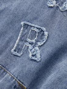 ROMWE MEN Street Life Men's Casual Water-Washed Star & Letter Print Hooded Denim Jacket, Autumn - Blue - View 4