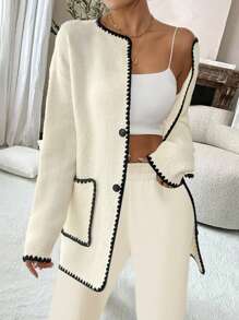 SHEIN Clasi New European Style Blogger Same Design Sense Colorblock Vintage Double Pockets Casual Crew Neck Knit Jacket