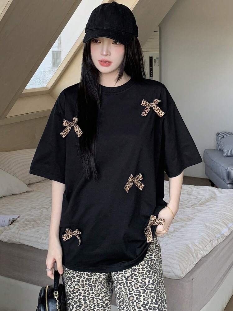 Women's Round Neck Leopard Print Bow Short Sleeve T-Shirt Summer Cute Tops