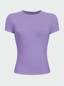 INAWLY Women's Solid Color Slim Fit Round Neck Short Sleeve Casual T-Shirt - Purple - View 3