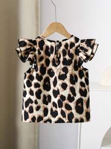 Camicia casual con doppio strato di volant e stampa leopardata, adatta per ragazze, per tutte le stagioni e festival musicali