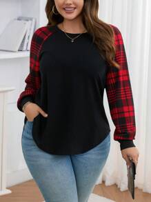 SHEIN LUNE SHEINLUNE Plus Size Women Christmas Valentine Party Casual Red Plaid Panel Sleeve T-Shirt, Everyday Wear, Long Sleeve Tops, New Years Women Outfit, Party,Spring