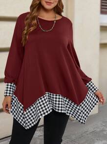 EMERY ROSE Plus Size Casual Color Block Asymmetric Hem Plaid T-Shirt,Winter Tops, Autumn&Winter Women Clothes,Vacation Outfits Woman,Boho For Women,Summer Outfits For Women/Summer - Burgundy - View 5