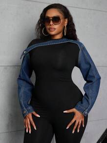 SHEIN SXY Chaqueta vaquera de talla grande para mujer con hombros descubiertos y mangas dobles