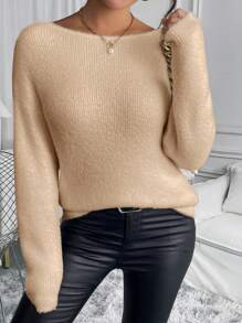 SHEIN Clasi Damen Winter Lässig eleganter französischer Stil Kunstpelz dick warm Pullover mit abnehmbarer klassischer Perlenketten Dekoration, Rücken V-Ausschnitt Design, geeignet für Feiertage, Arbeit, Ausgänge, Partys, Treffen und Einkaufen. - Aprikosenfarben - Übersicht 4