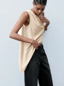 Maija Women's Apricot Asymmetrical Cut Pleated Sleeveless Casual Top, Business Casual Office Wear, Off Shoulder Blouse