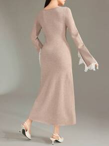 Modelyn Vestido de suéter maximalista de ajuste slim con mangas largas y parches de unicolor para mujeres