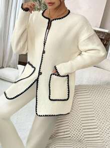 SHEIN Clasi New European Style Blogger Same Design Sense Colorblock Vintage Double Pockets Casual Crew Neck Knit Jacket