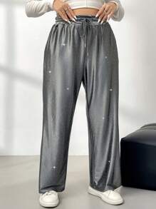 SHEIN Privé Pantalones deportivos de felpa con adornos de strass para uso casual diario de mujer, atuendo adecuado para el Día de San Valentín, citas casuales, conciertos, fiestas, estilo universitario retro de INS, primavera y otoño de 2025, Año Nuevo, fiesta, estilo elegante de hada de oficina, pantalones de fiesta de Año Nuevo con lentejuelas