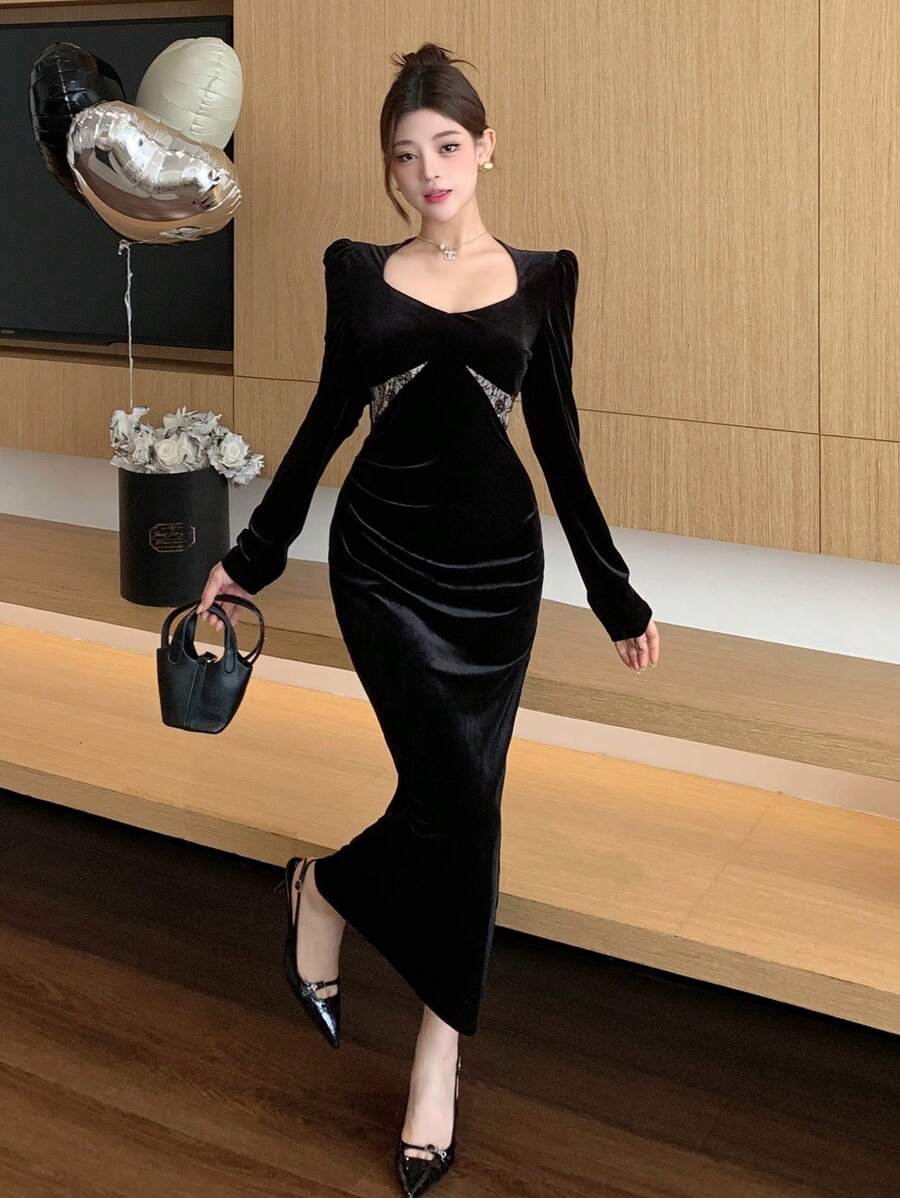 DAZY Women Plain Color Block Sweetheart Collar Long Sleeve Bodycon Dress,Dress For Wedding,Fall Dress Prom Dress - Black - View 1