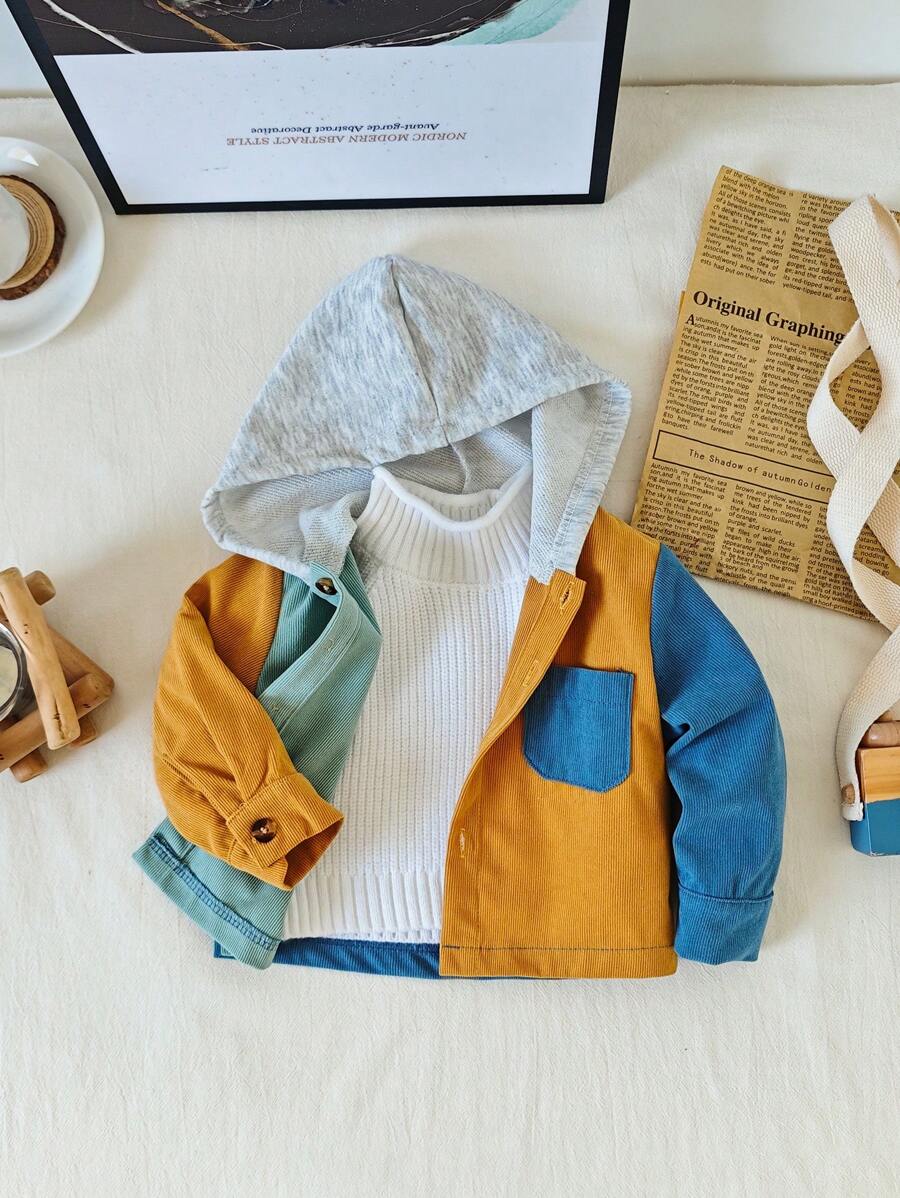 SHEIN Chaqueta de manga larga de pana de contraste de color para niño, diseño de moda con material de pana vintage, cómoda y elegante, adecuada para otoño/invierno - Multicolor - Ver 1