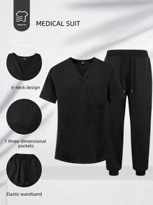Manfinity Homme 男式纯色 V 领短袖上衣和抽绳裤医疗服务 2 件套 - 黑色 - 查看 5