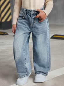 SHEIN Jeans larghi e morbidi in denim blu vintage di stile Y2K per giovani ragazze, pantaloni di jeans imbottiti in pile per tenere caldo in autunno e inverno