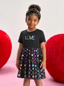 Young Girl Black Valentine's Day Short Sleeve Patchwork Holographic Heart Mesh Overlay Dress, Displaying A Fashionable Energetic Design, Suitable For Valentine's Day, Outings, Gatherings, School, And All Seasons - Multicolor - View 7