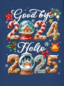 Manfinity Homme 2025 新年元素图形字母印花休闲 T 恤，修身男士短袖 T 恤海军蓝，适合情侣和家人，是送给男朋友的绝佳礼物 - 藏蓝色 - 查看 2