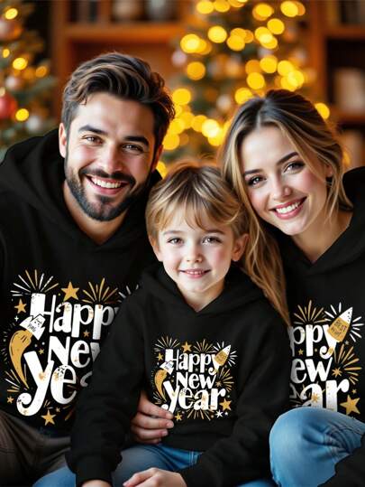 SHEIN Essnce Casual Minimal Happy New Year Graphic Print Loose Fit Hooded Sweatshirt, Women, Autumn/Winter