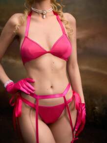 5pcs Women Sexy Lingerie Set With Garter Belts & Stockings - Hot Pink - View 4